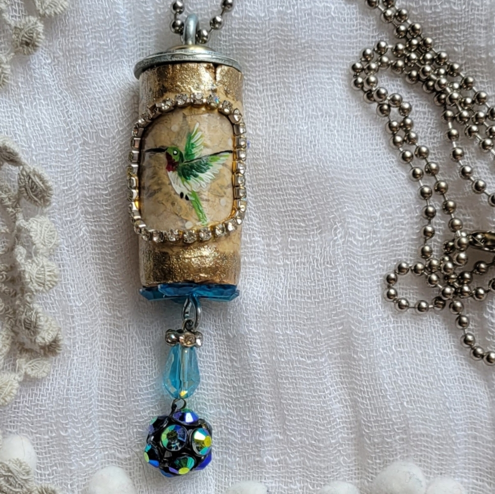 Wine Cork Handpainted Hummingbird Necklace